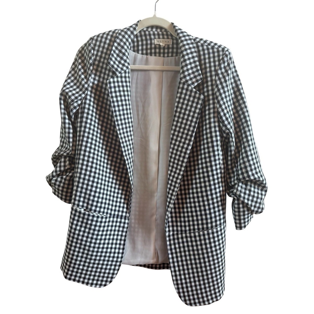 NWOT Bohme Woman's Black White Gingham Open Front Jacket‎ Sz XS Gathered Sleeves